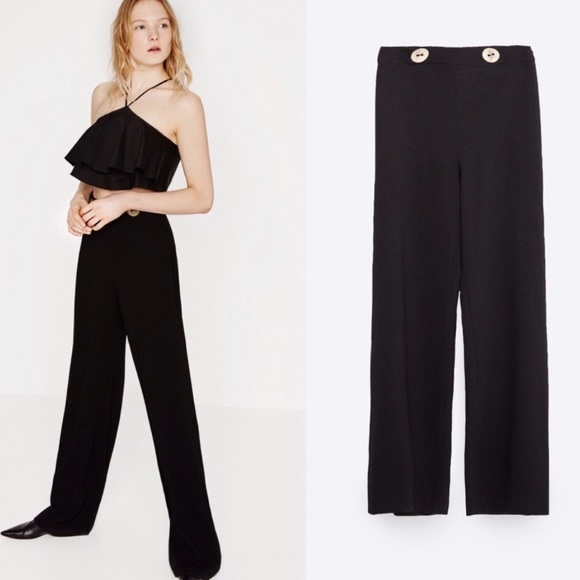 Zara high waisted gold button black flare wide leg pants - Picture 3 of 6